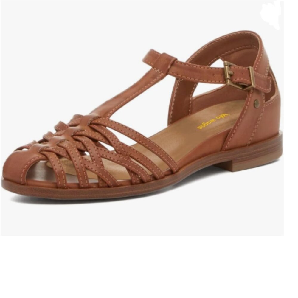 Wo Wagas Brown Round Toe Low Heels Cross Straps Ankle T-Strap Buckles Sandals